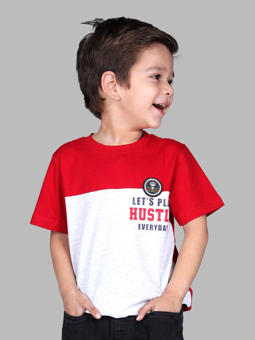 

3PIN Boys Colourblocked Round Neck Cotton T-shirt, White