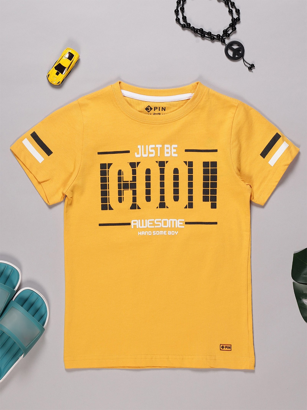 

3PIN Boys Typography Printed Round Neck Cotton T-shirt, Mustard