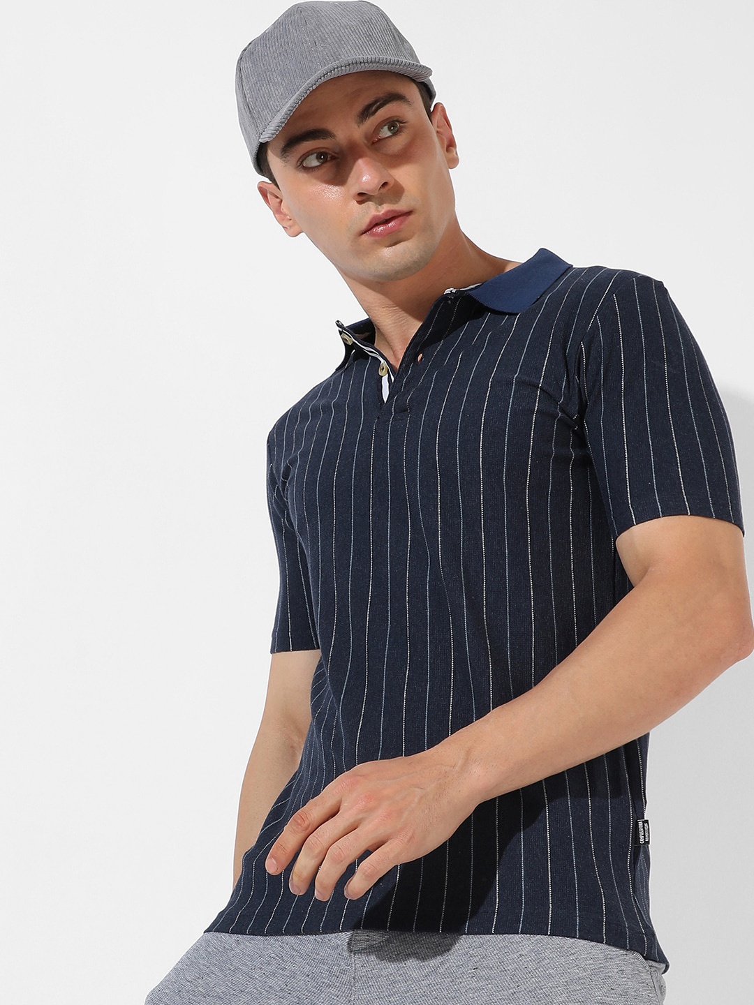 

Campus Sutra Striped Polo Collar Cotton T-shirt, Navy blue
