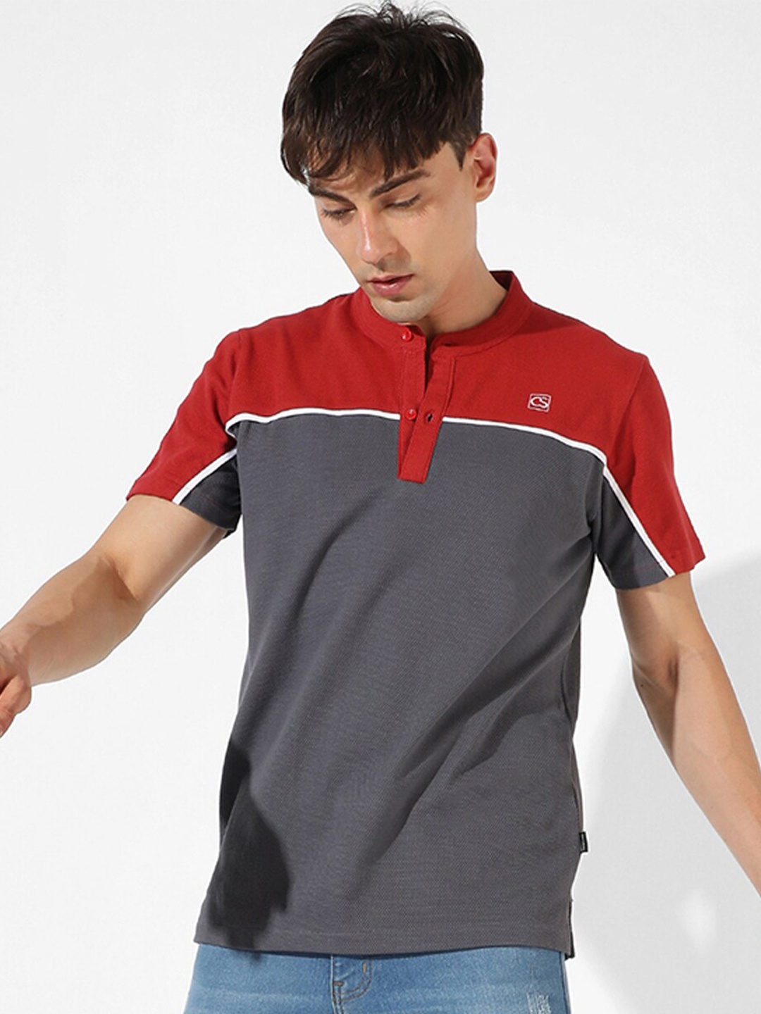 

Campus Sutra Colourblocked Mandarin Collar Cotton T-shirt, Charcoal