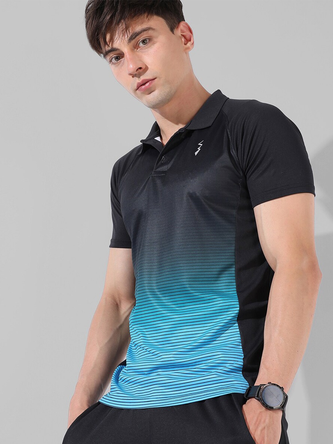 

Campus Sutra Striped Polo Collar Training or Gym T-shirt, Black