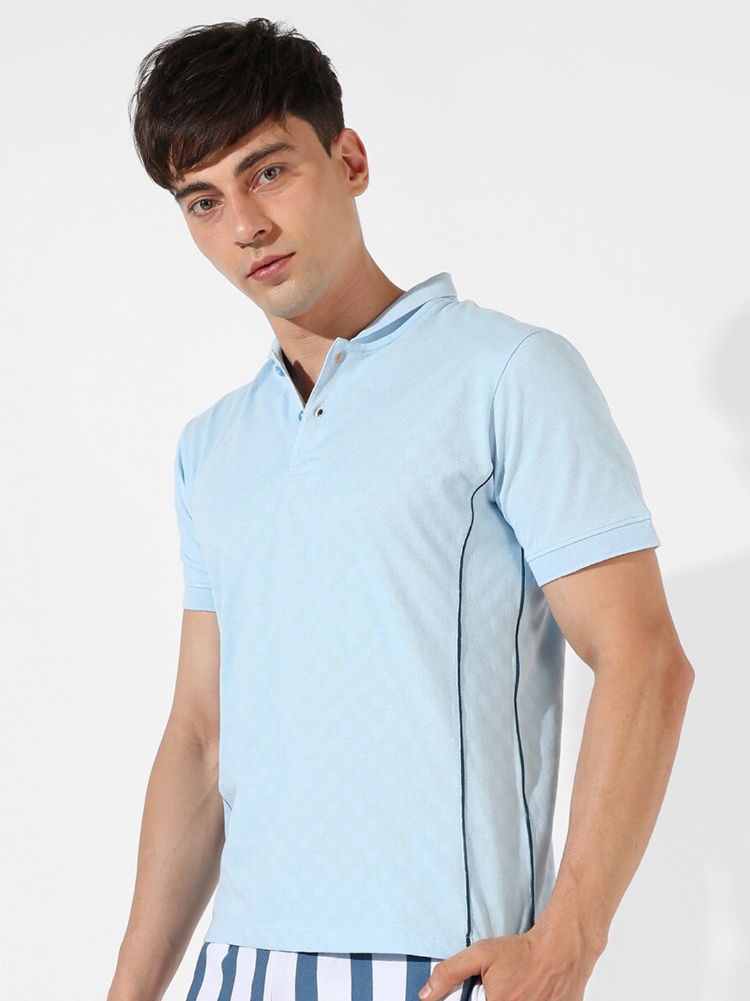 

Campus Sutra Self Design Polo Collar Cotton T-shirt, Blue