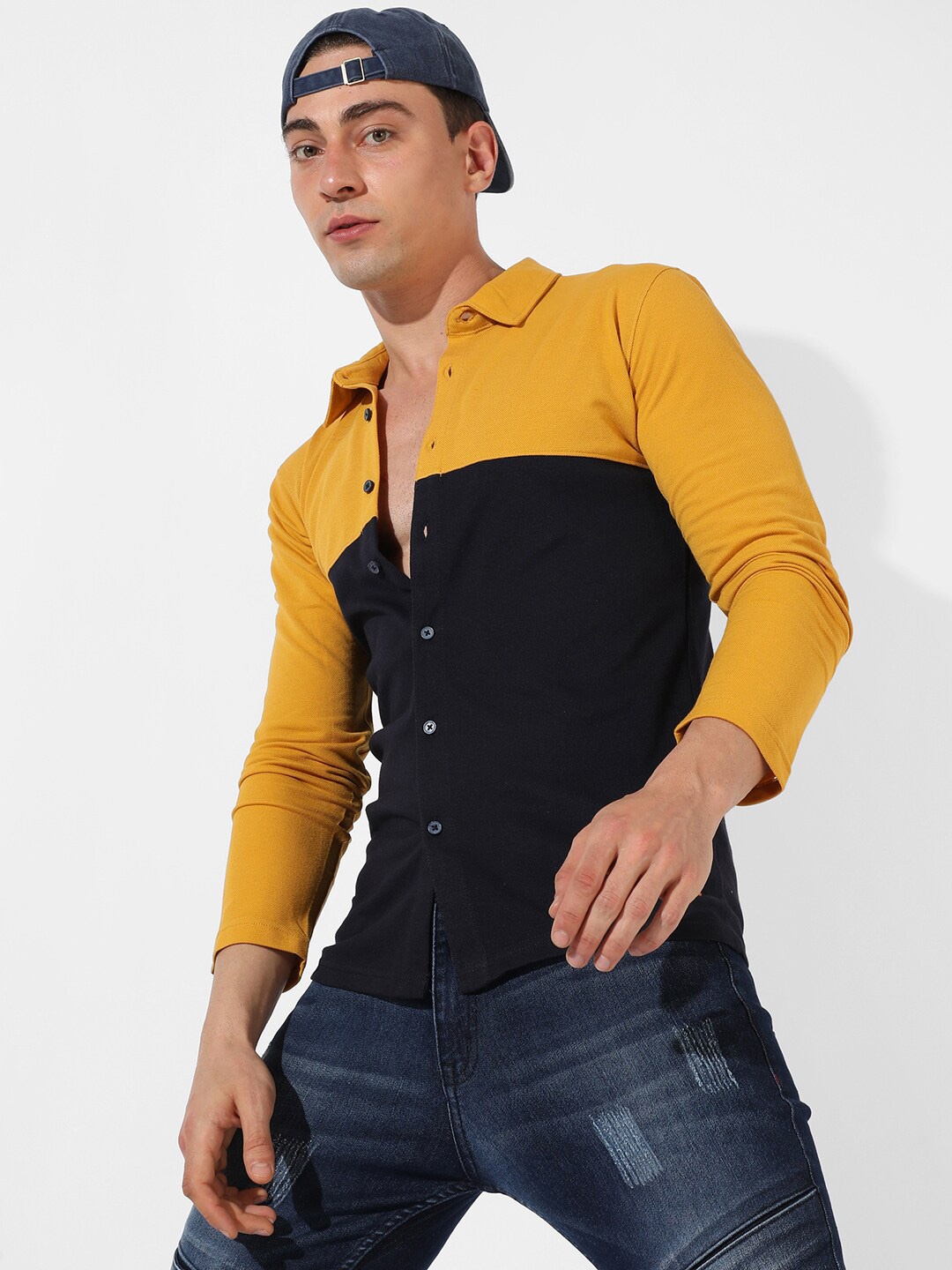 

Campus Sutra Classic Fit Colourblocked Cotton Casual Shirt, Mustard