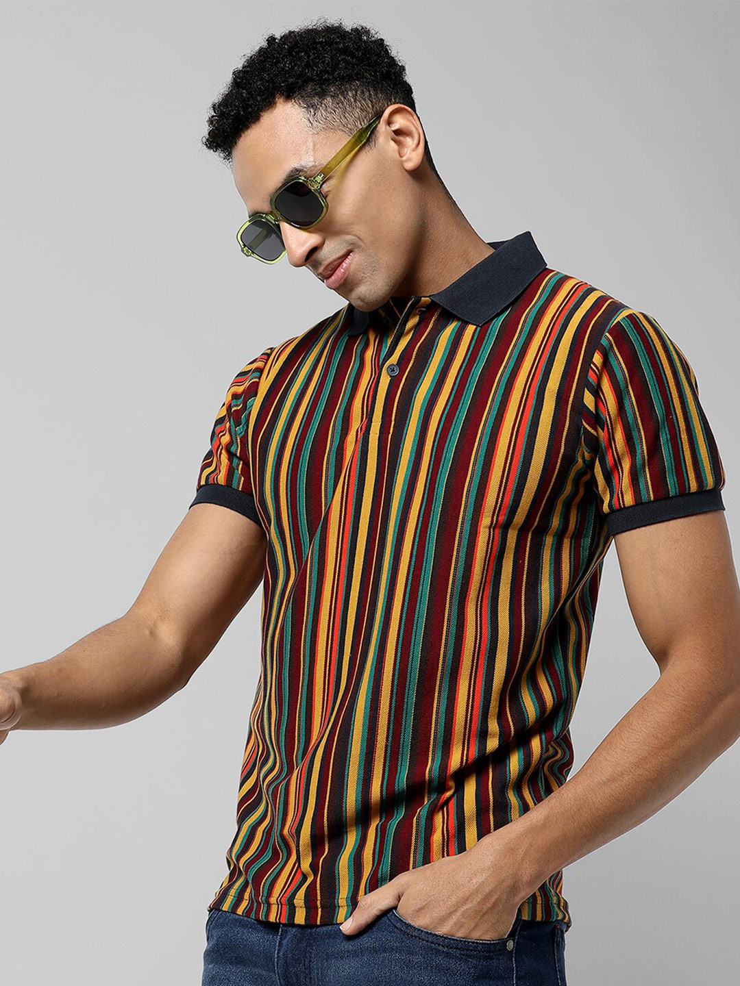 

Campus Sutra Striped Polo Collar Cotton T-shirt, Yellow
