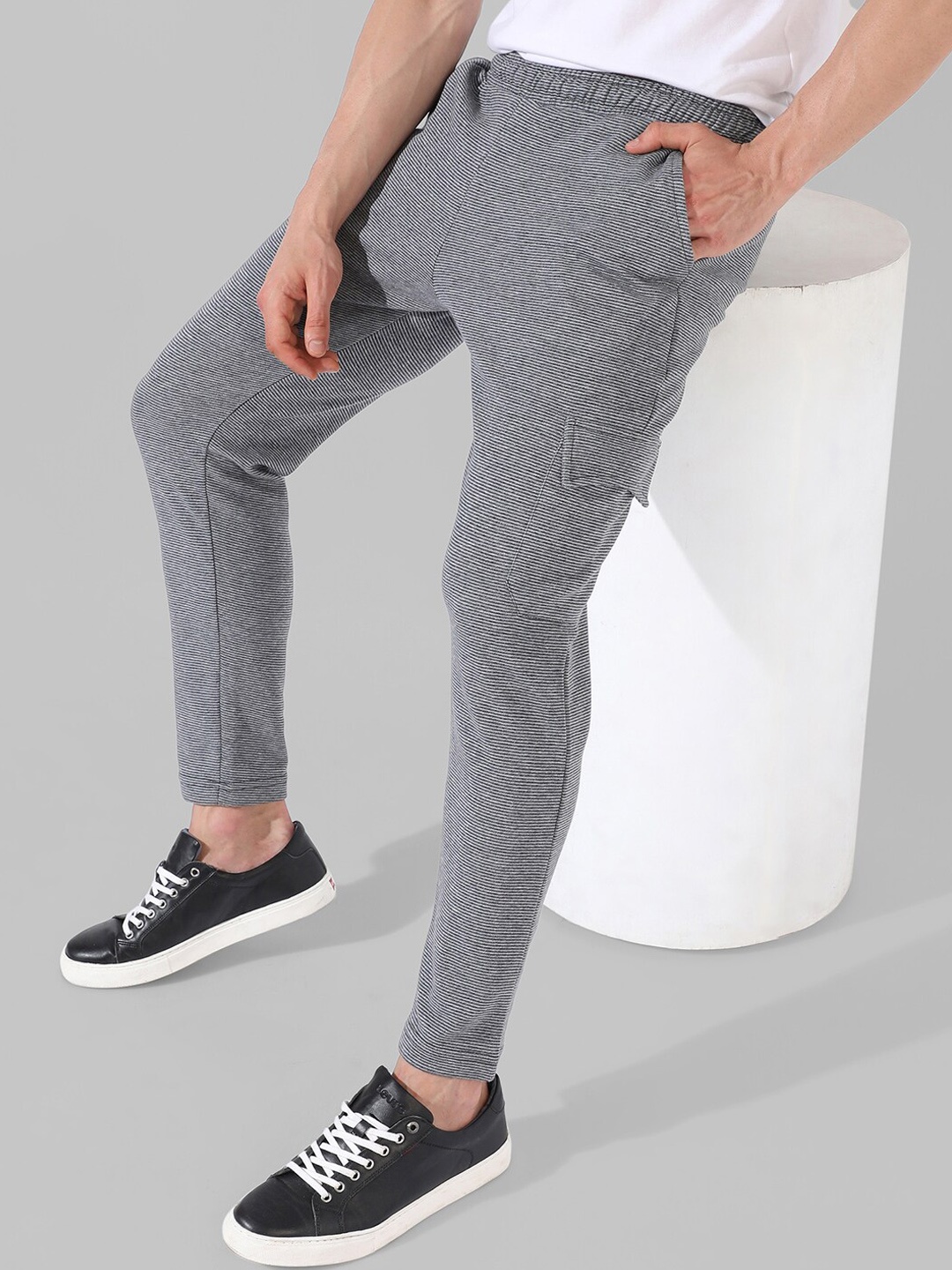 

Campus Sutra Men Striped Regular Fit Cotton Track Pants, Grey