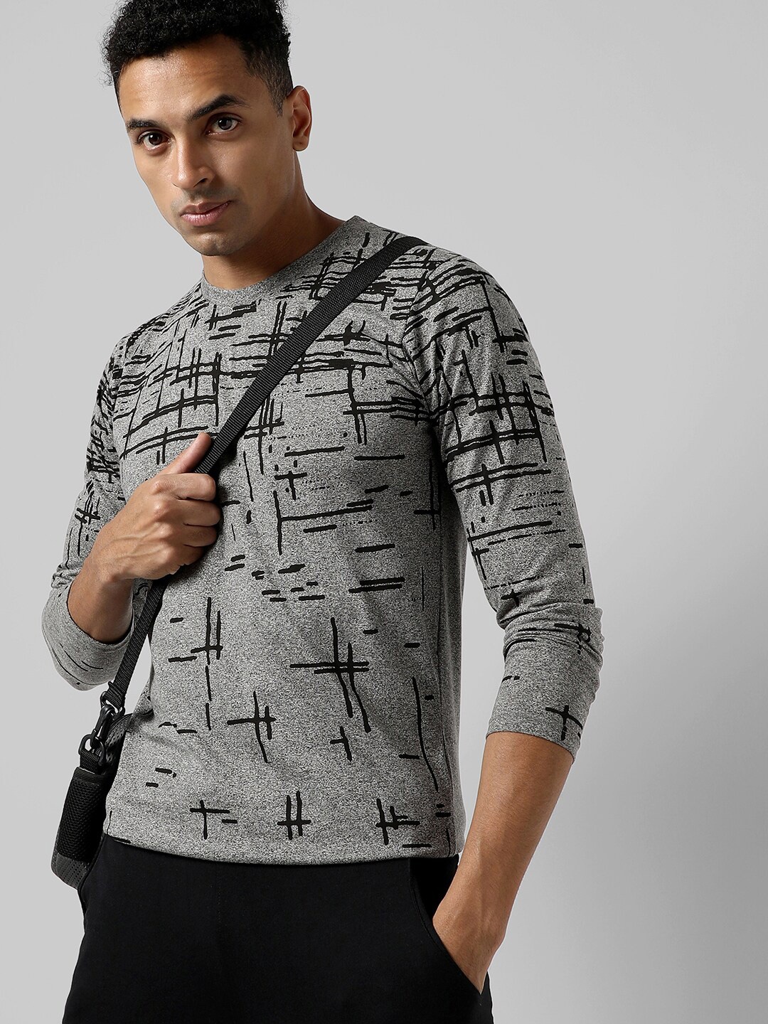 

Campus Sutra Abstract Long Sleeve Cotton T-shirt, Grey