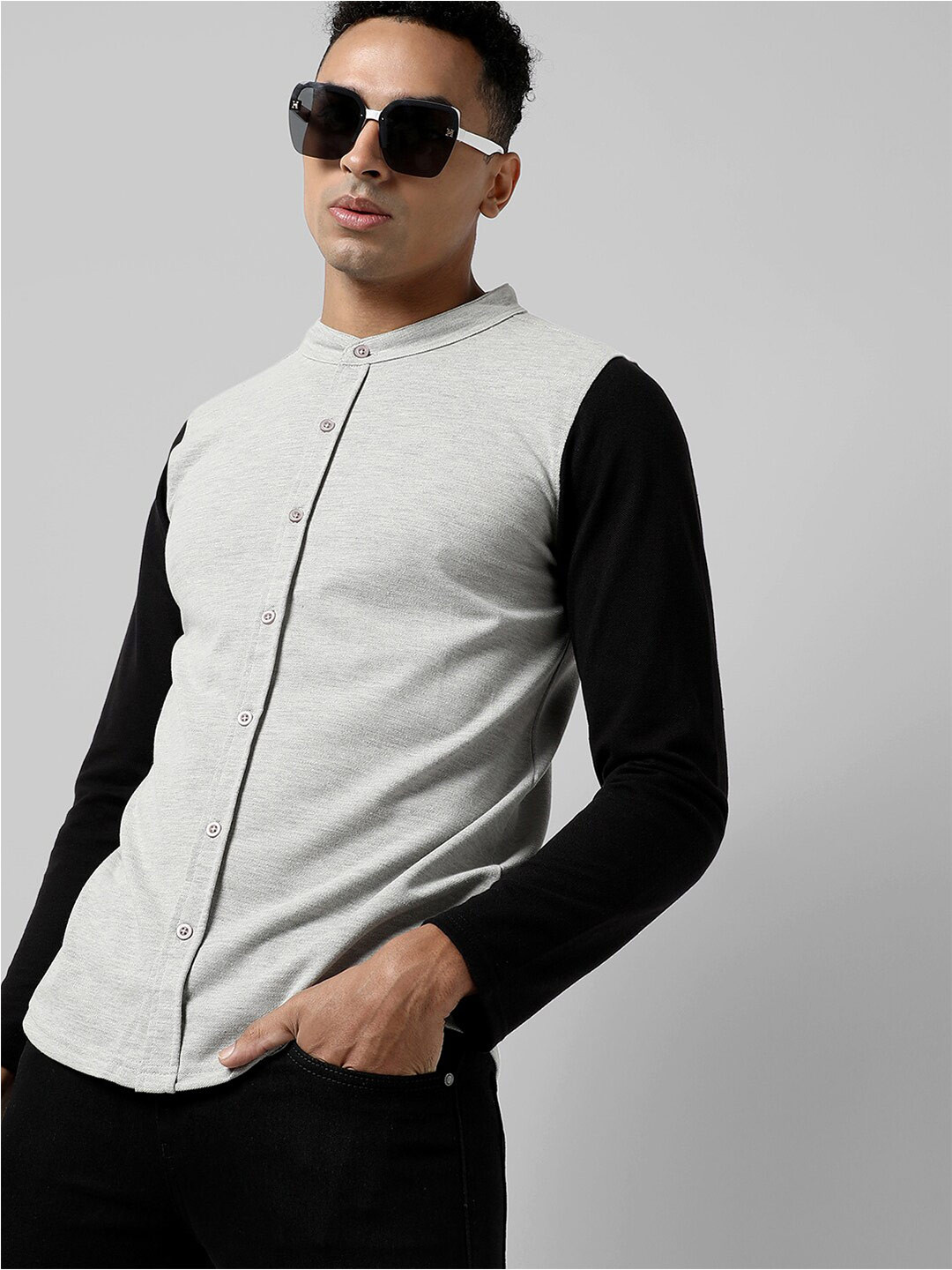 

Campus Sutra Classic Fit Collarless Cotton Casual Shirt, Grey