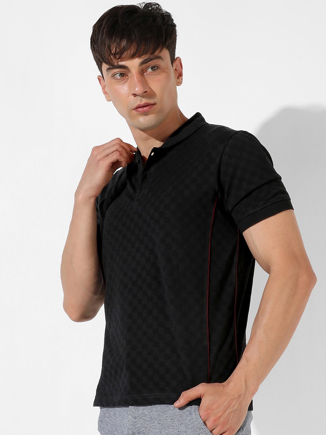 

Campus Sutra Self Design Polo Collar Cotton T-shirt, Black