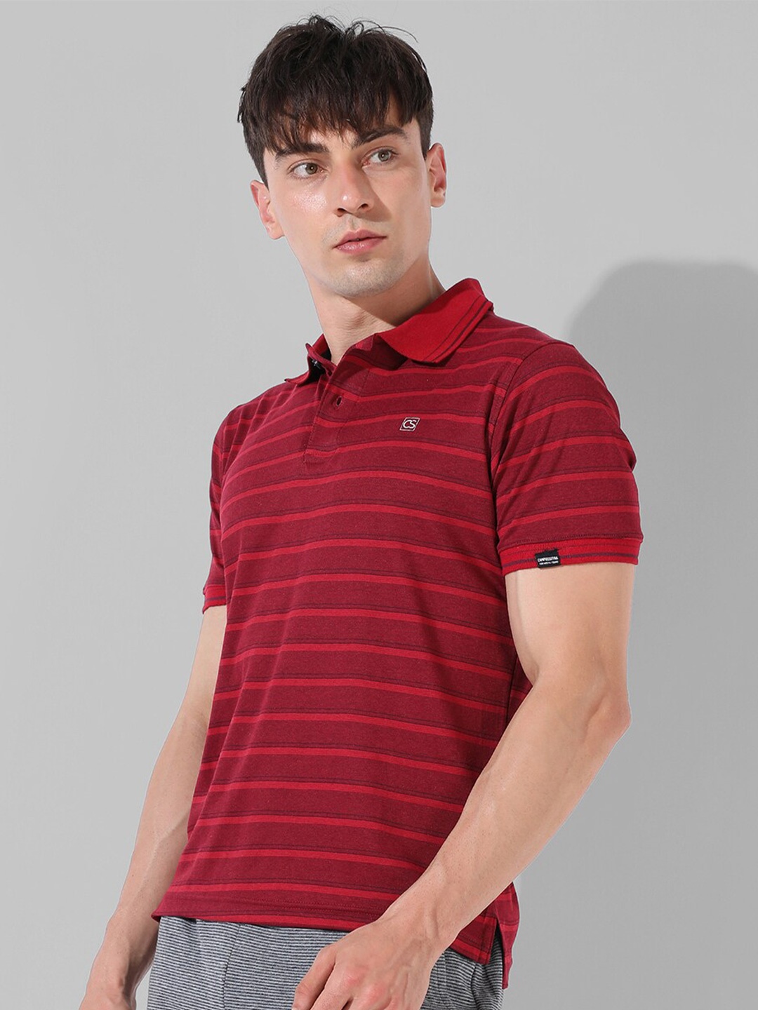 

Campus Sutra Striped Polo Collar Cotton T-shirt, Red