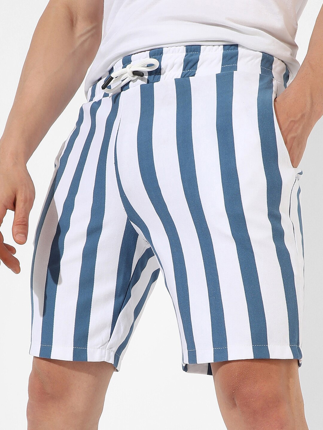 Campus Sutra Men Mid-Rise Striped Cotton Shorts, White