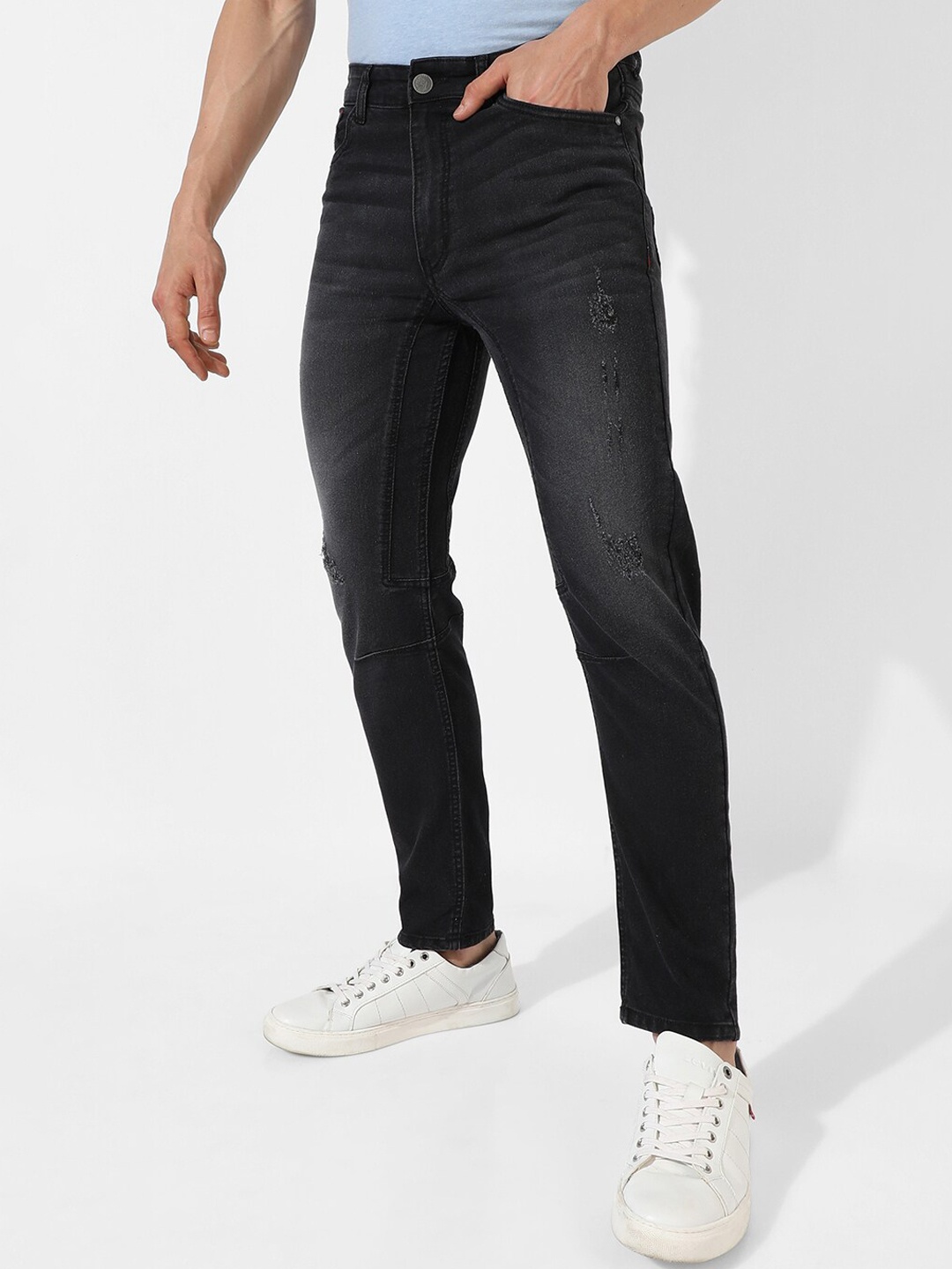 

Campus Sutra Men Smart Light Fade Mid-Rise Cropped Stretchable Jeans, Black