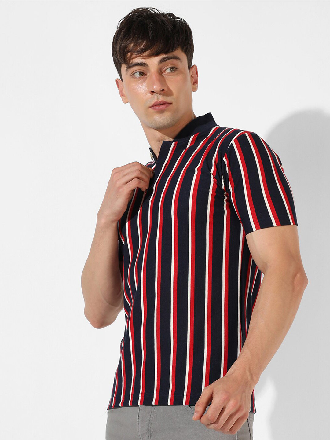 

Campus Sutra Striped Henley Neck Cotton T-shirt, Red