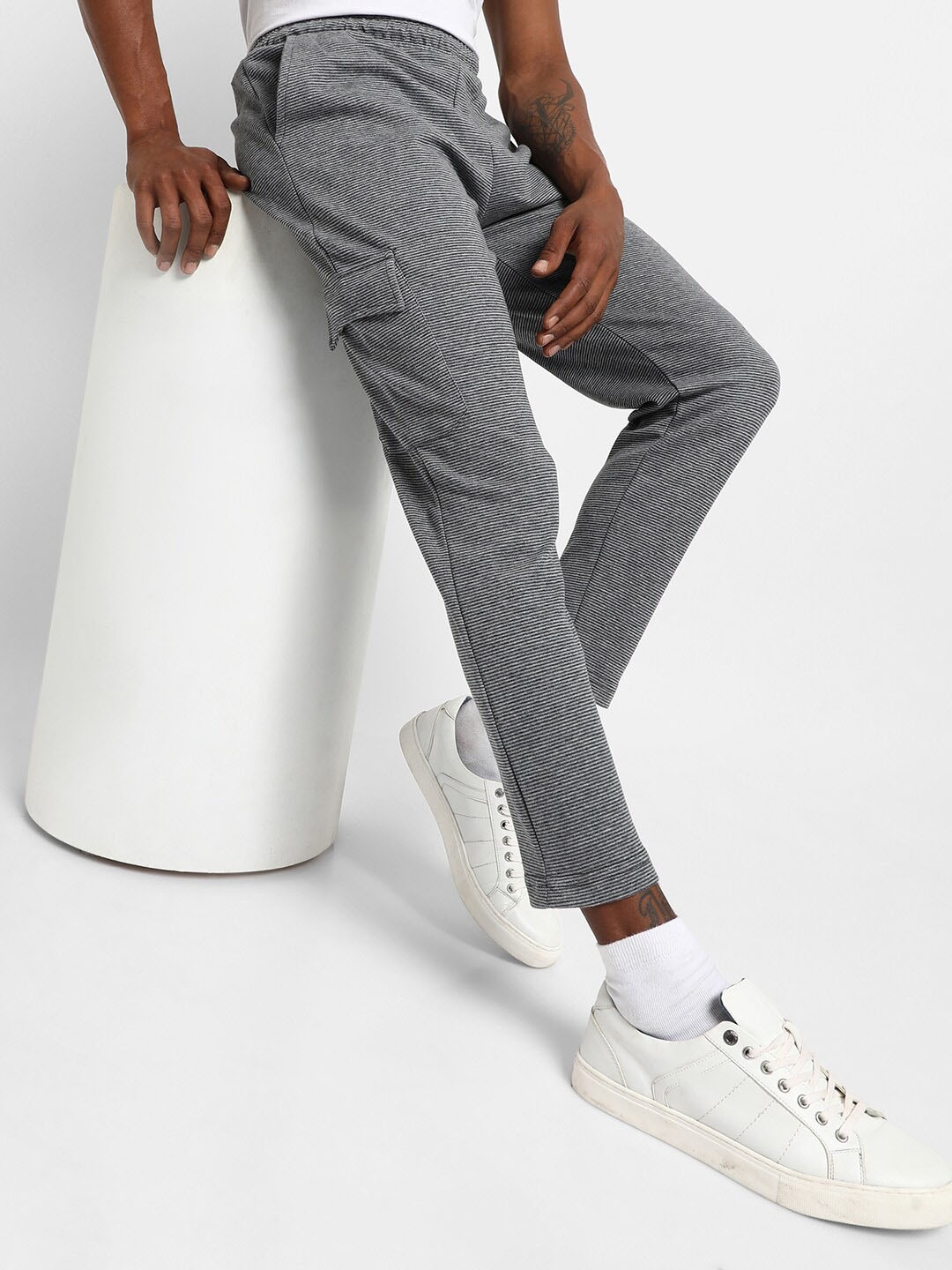 

Campus Sutra Men Striped Regular Fit Cotton Track Pants, Grey