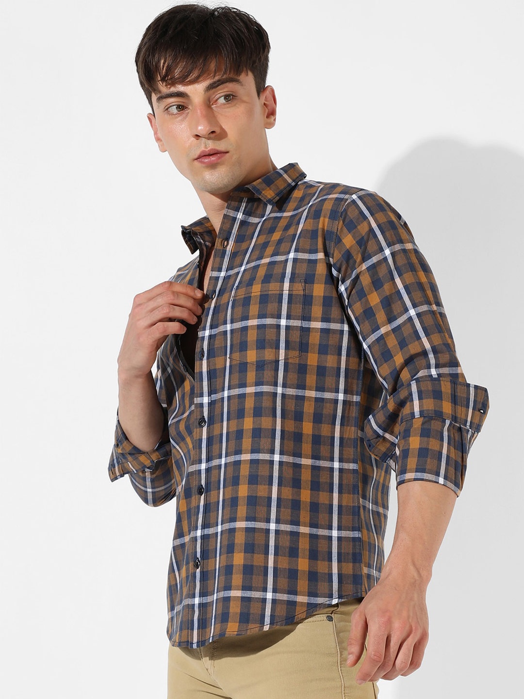 

Campus Sutra Classic Windowpane Checked Cotton Casual Shirt, Navy blue