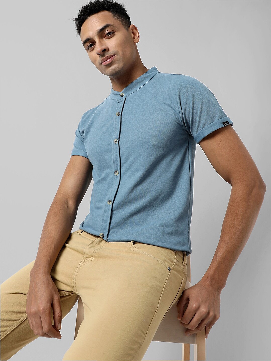 

Campus Sutra Classic Mandarin Collar Casual Shirt, Blue