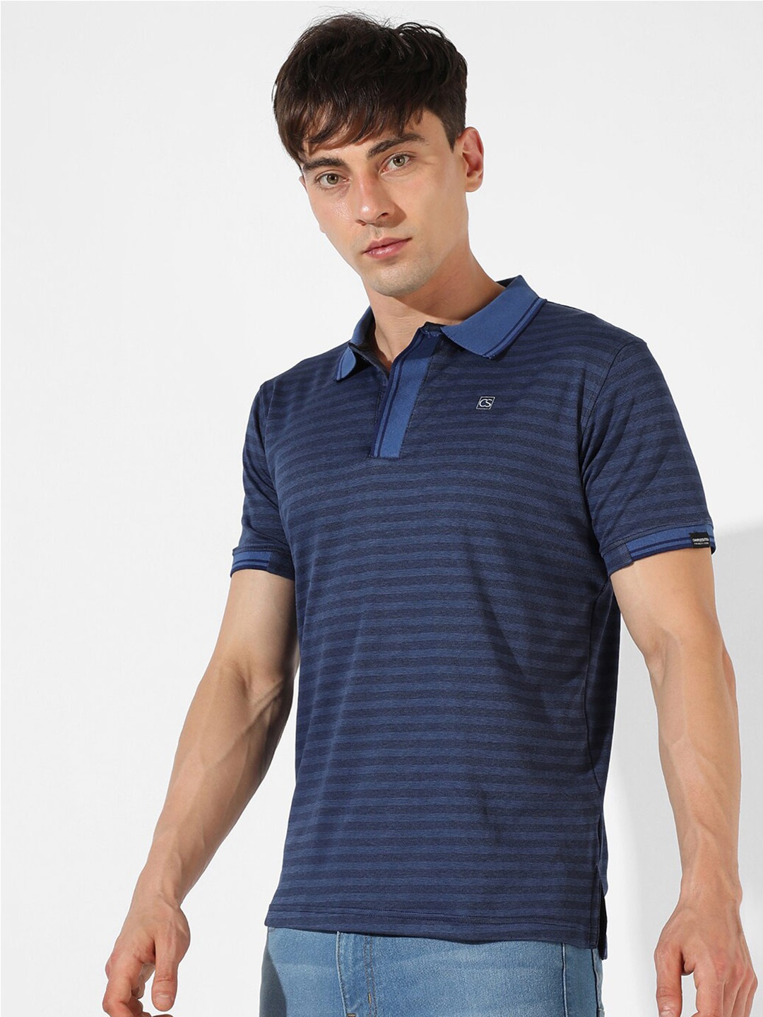 

Campus Sutra Striped Polo Collar Cotton T-shirt, Blue