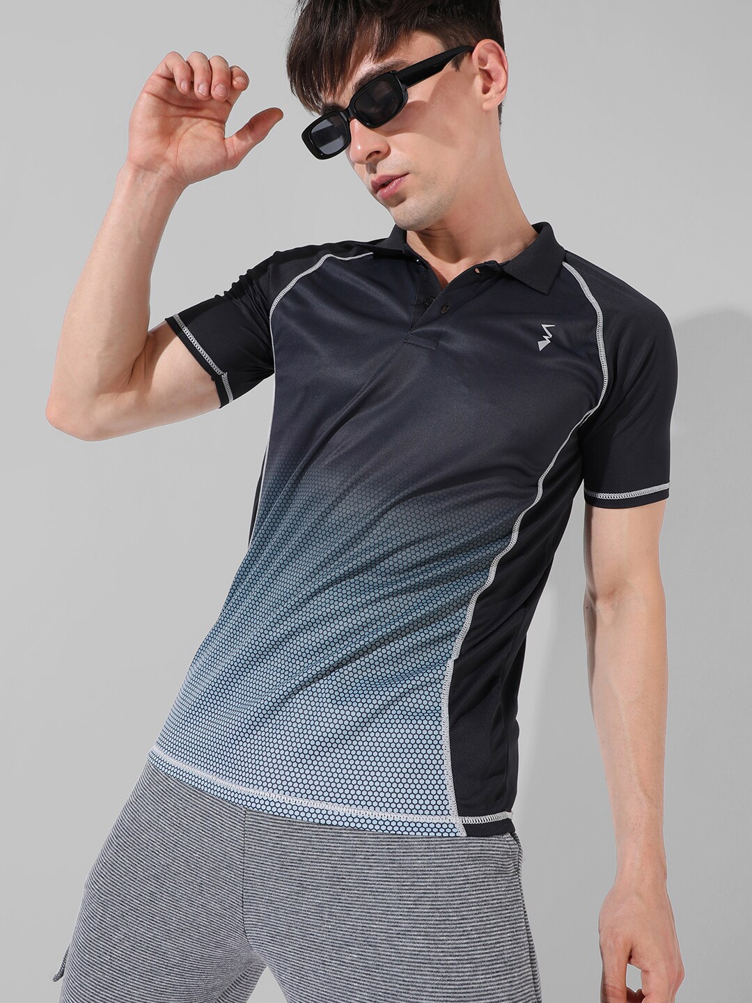 

Campus Sutra Geometric Printed Polo Collar T-shirt, Black