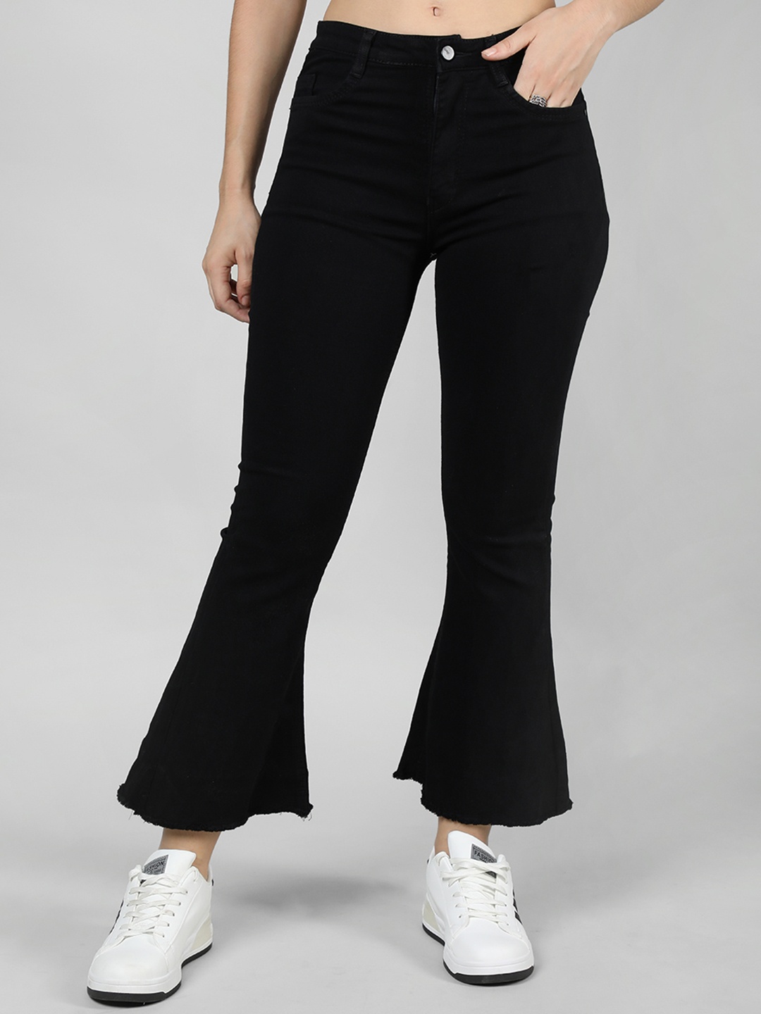 

HONNETE Women Lean Mid-Rise Stretchable Cotton Bootcut Jeans, Black