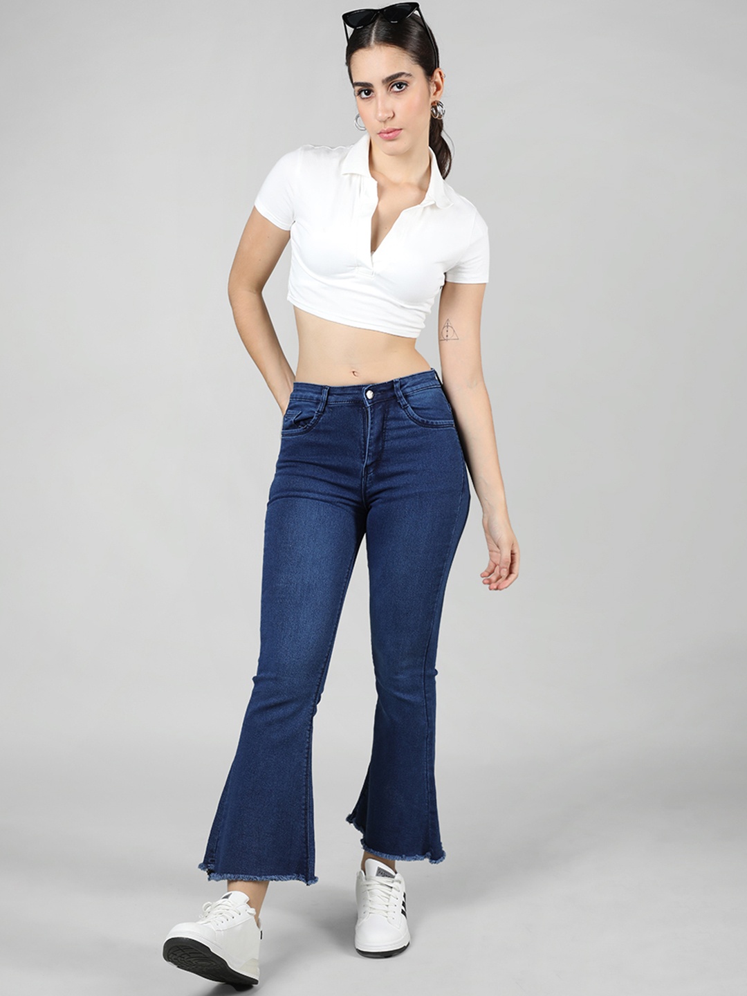 

HONNETE Women Lean Cropped Light Fade Stretchable Cotton Bootcut Jeans, Blue