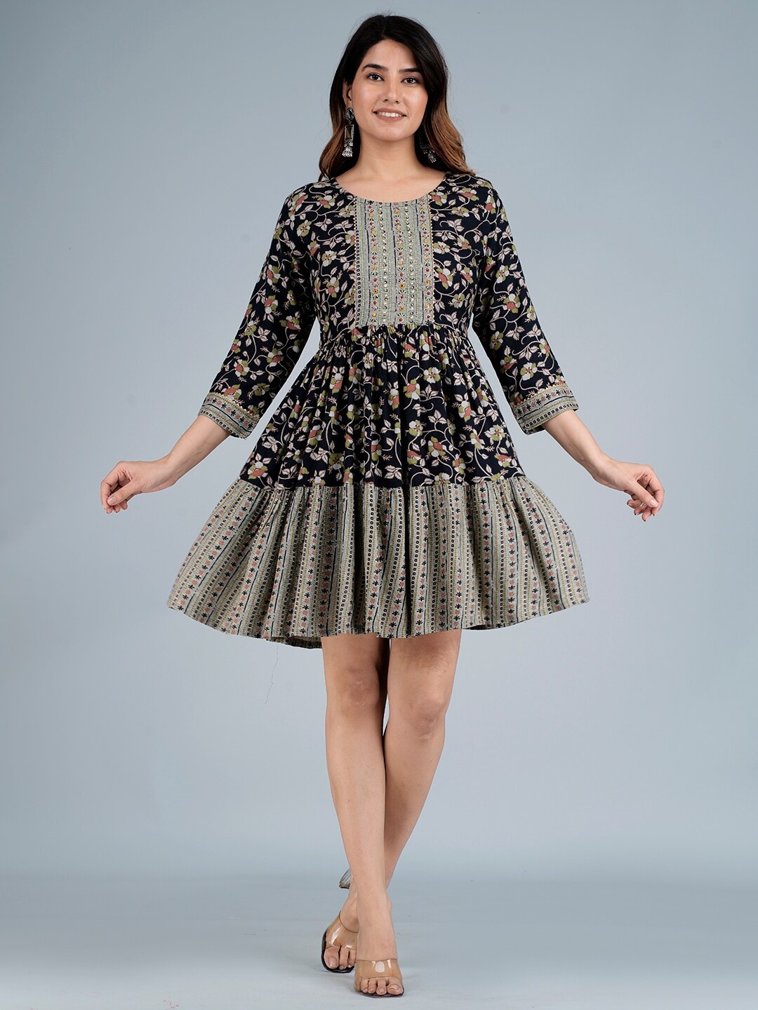 

ANAISA Floral Print Fit & Flare Dress, Black