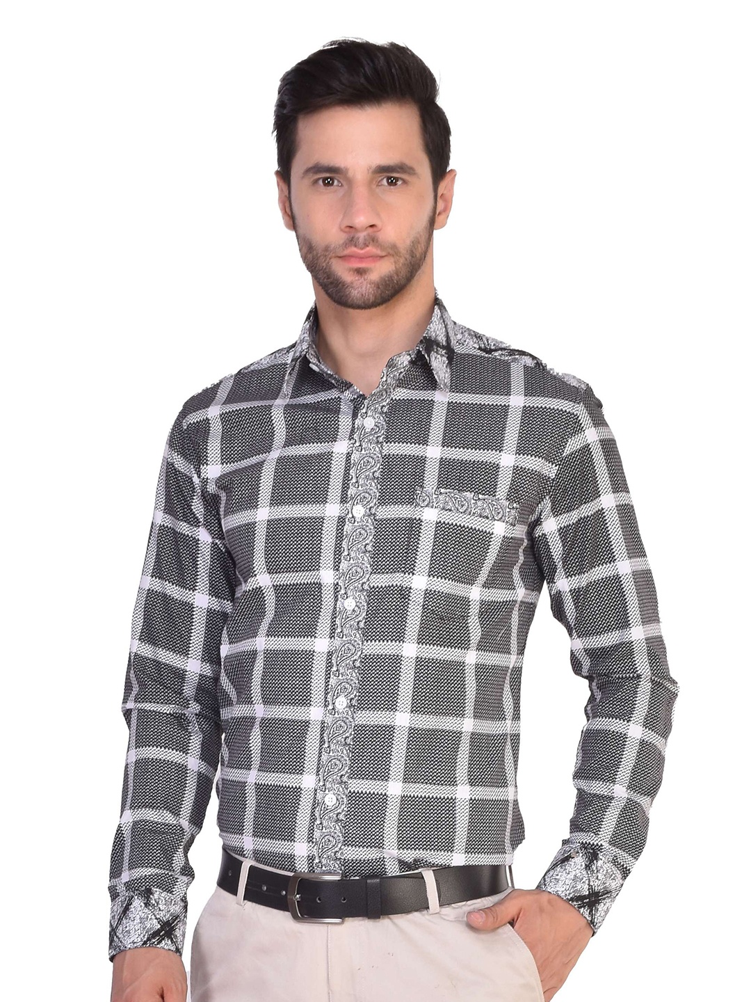 

PARASSIO CLOTHINGS India slim Windowpane Checked Spread Collar Formal Shirt, Black