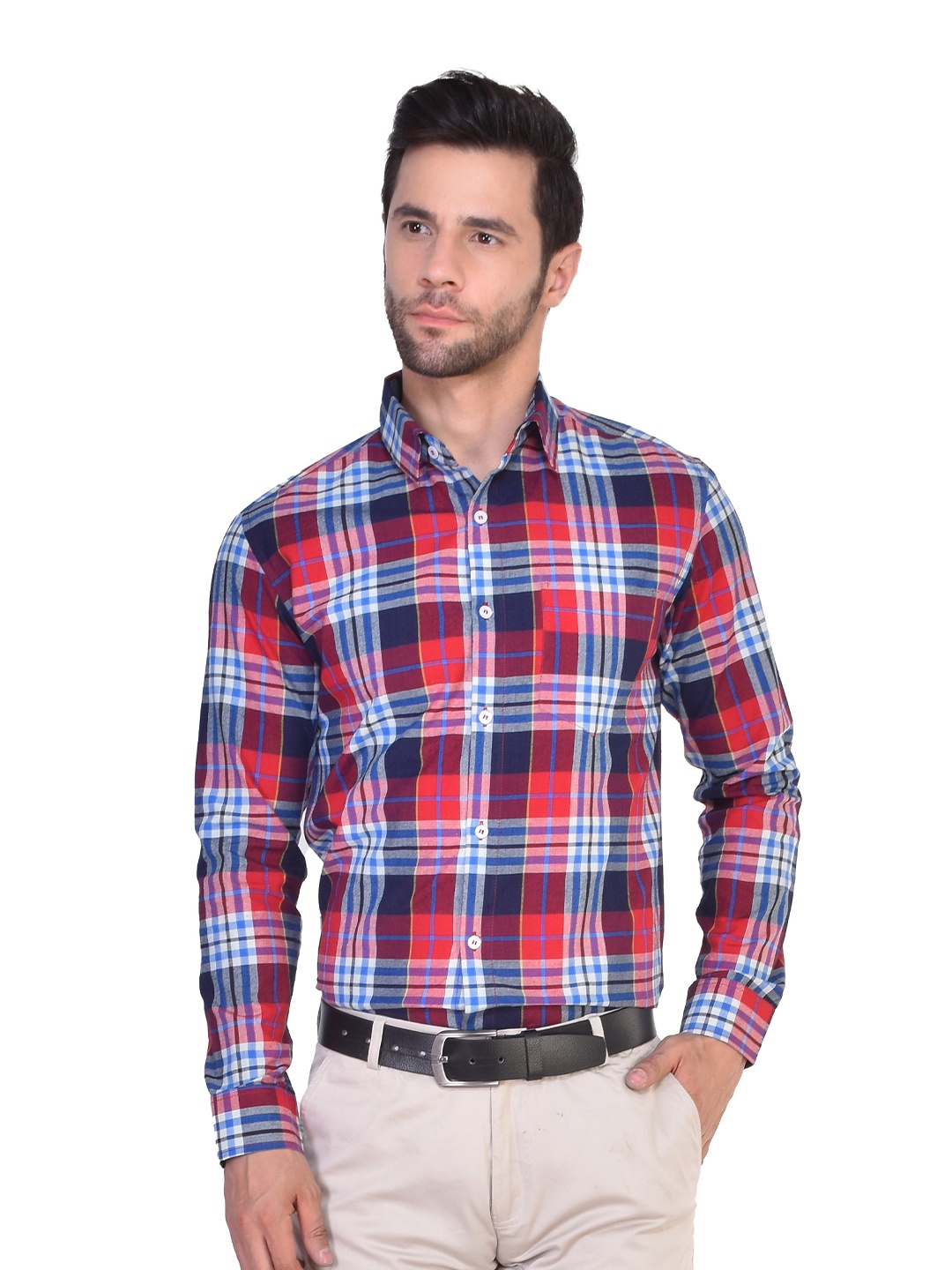 

PARASSIO CLOTHINGS India Slim Tartan Checked Spread Collar Formal Shirt, Red