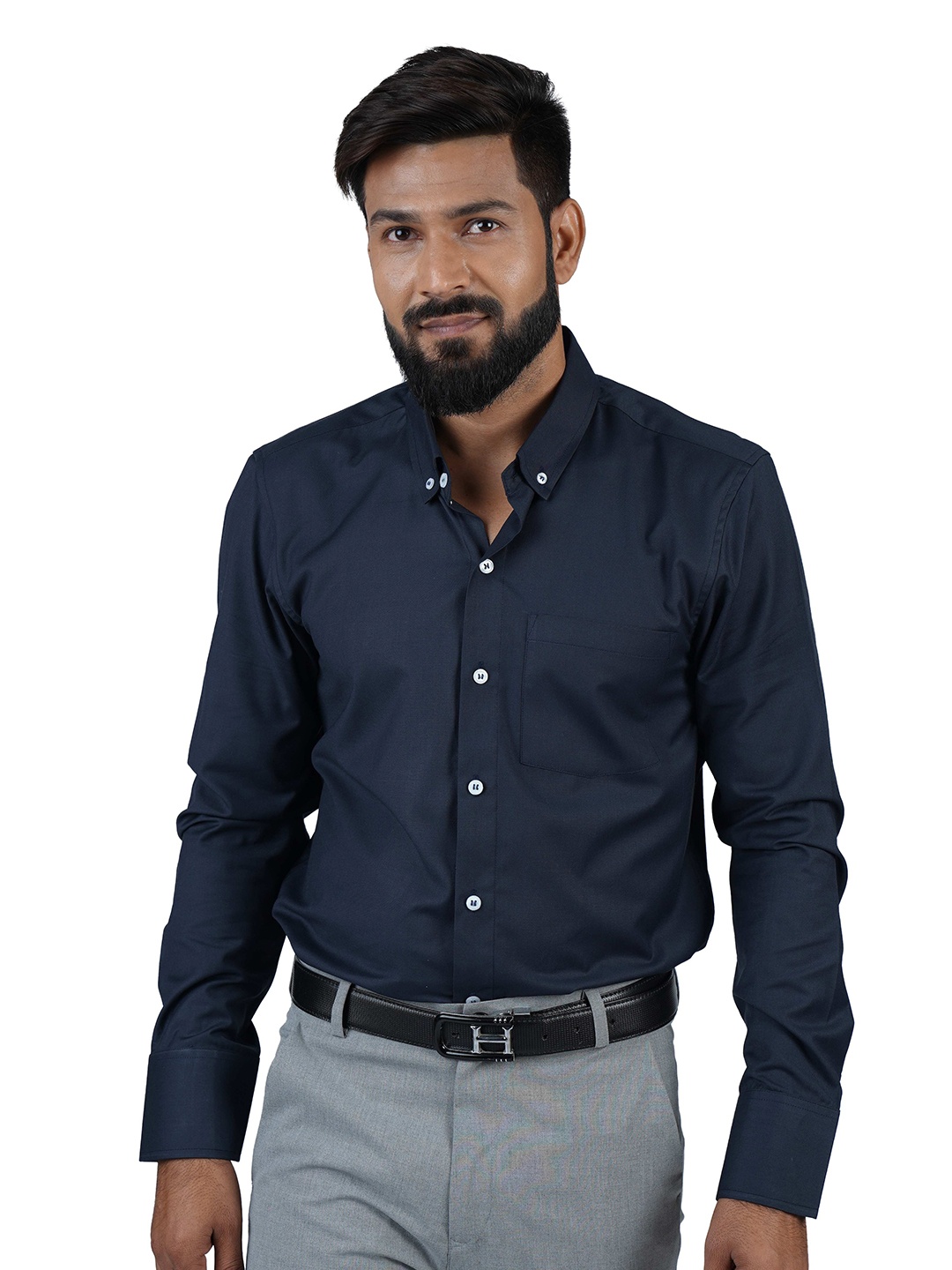 

PARASSIO CLOTHINGS India Slim Spread Collar Long Sleeves Slim Fit Formal Shirt, Navy blue