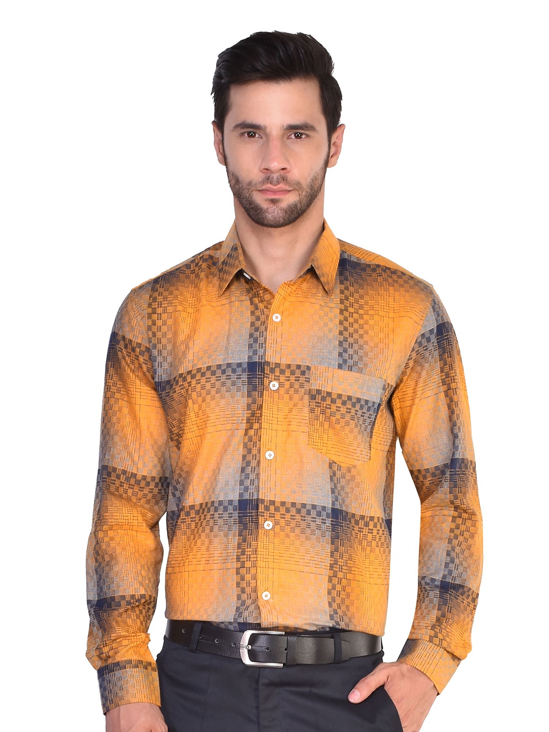 

PARASSIO CLOTHINGS India Slim Micro Checked Formal Shirt, Yellow