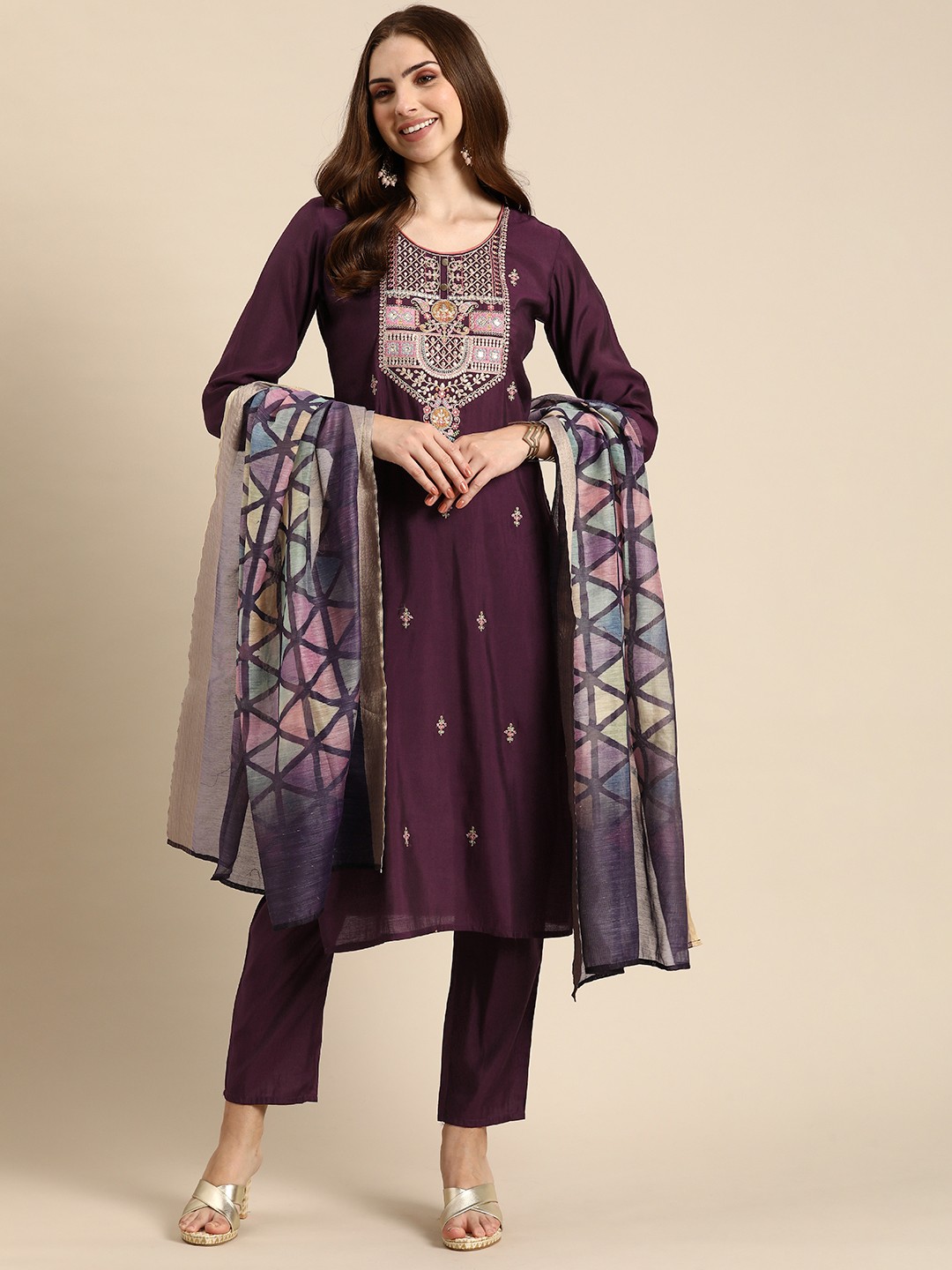 

Anouk Ethnic Motifs Embroidered Mirror Work Pure Silk Kurta With Trousers & Dupatta, Magenta