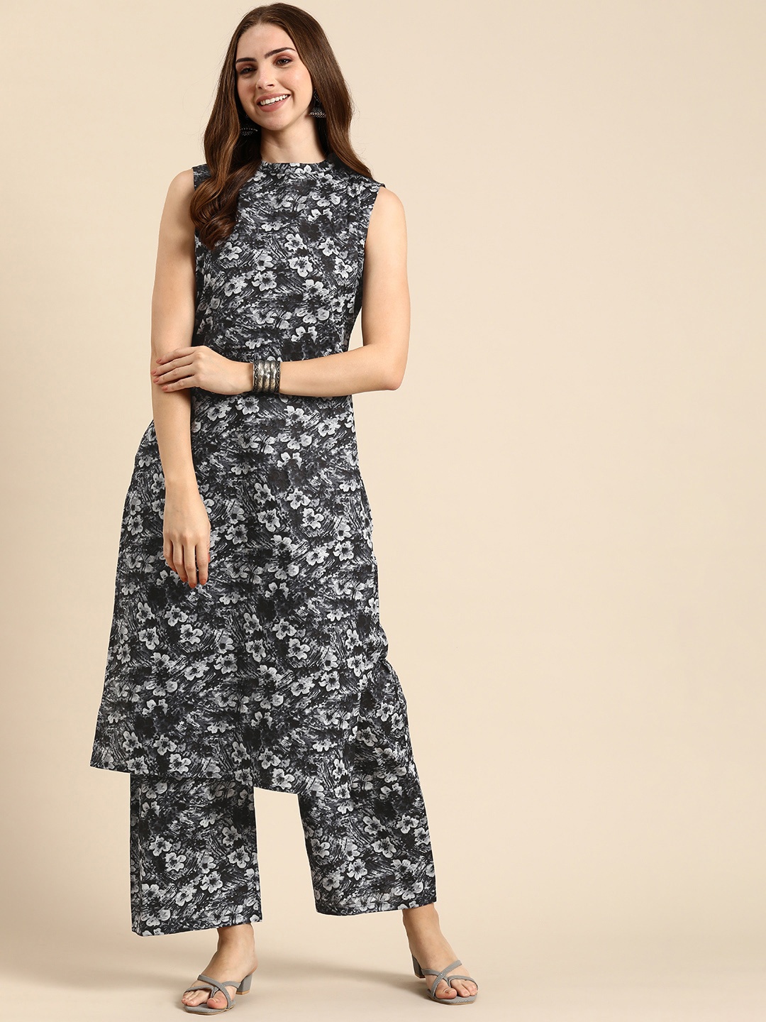 Anouk Printed Regular Pure Cotton Kurta With Palazzos, Navy blue