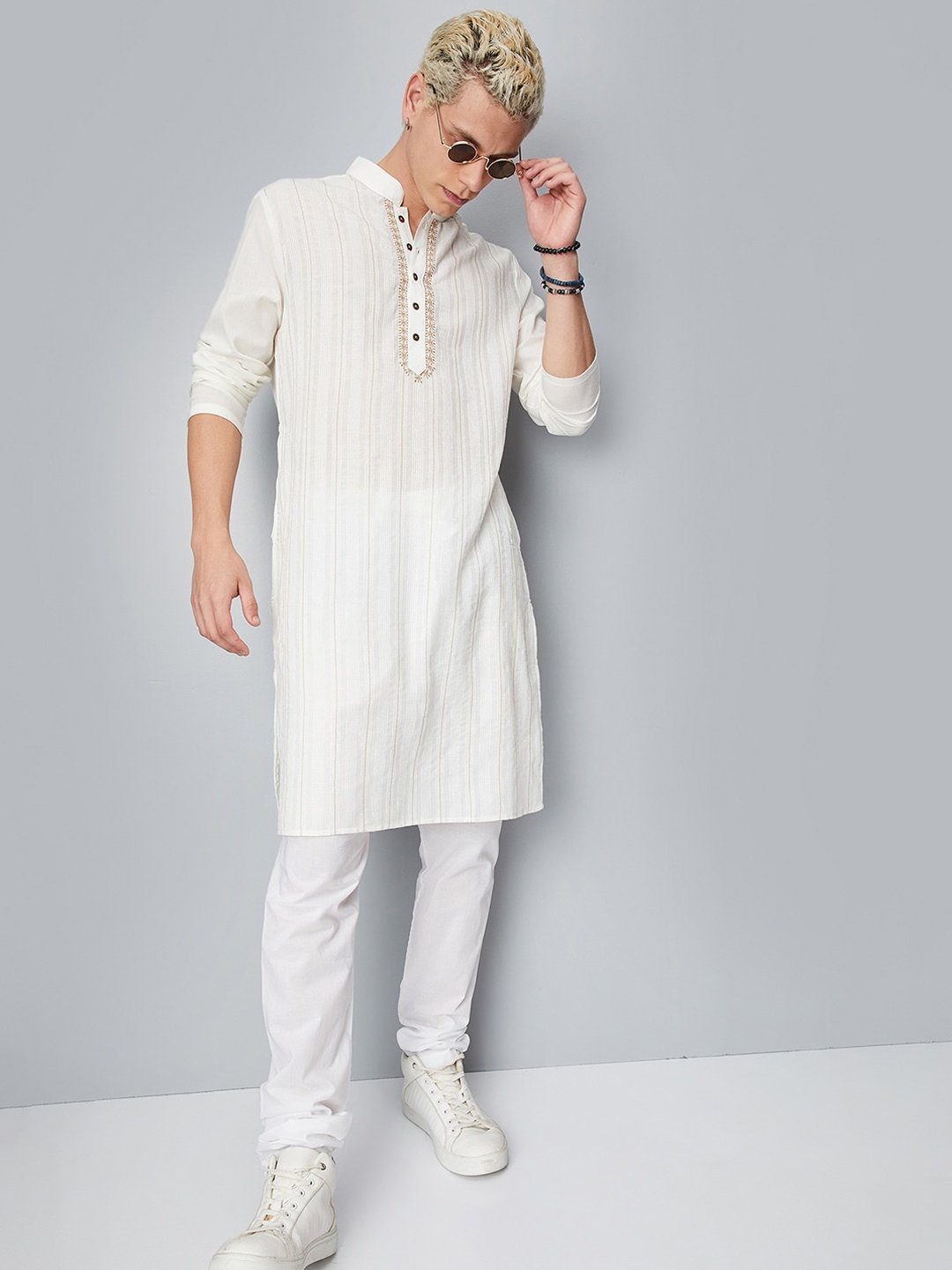 

max Striped Printed Mandarin Collar Straight Kurta, White