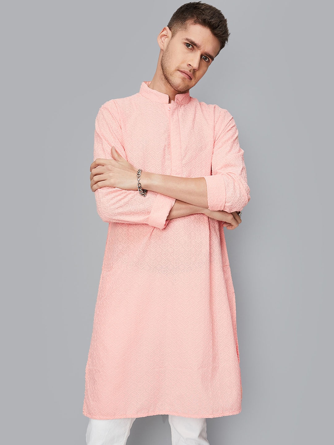 

max Mandarin Collar Thread Work Pathani Kurta, Orange