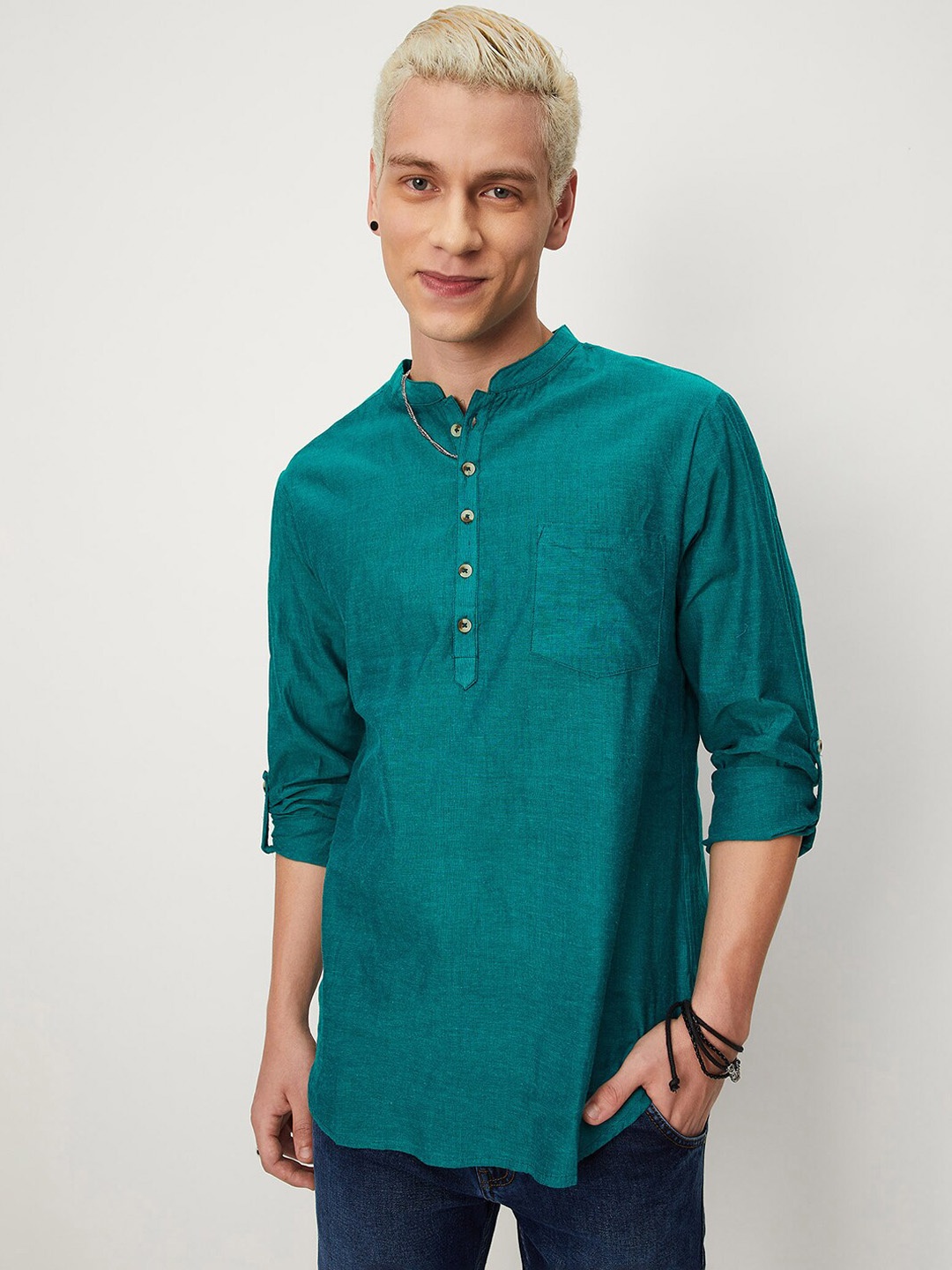 

max Mandarin Collar Roll-Up Sleeves Kurta, Teal