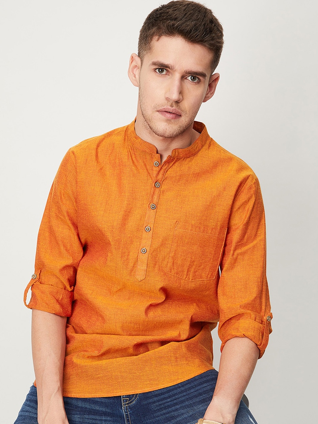 

max Mandarin Collar Straight Pure Cotton Kurta, Yellow