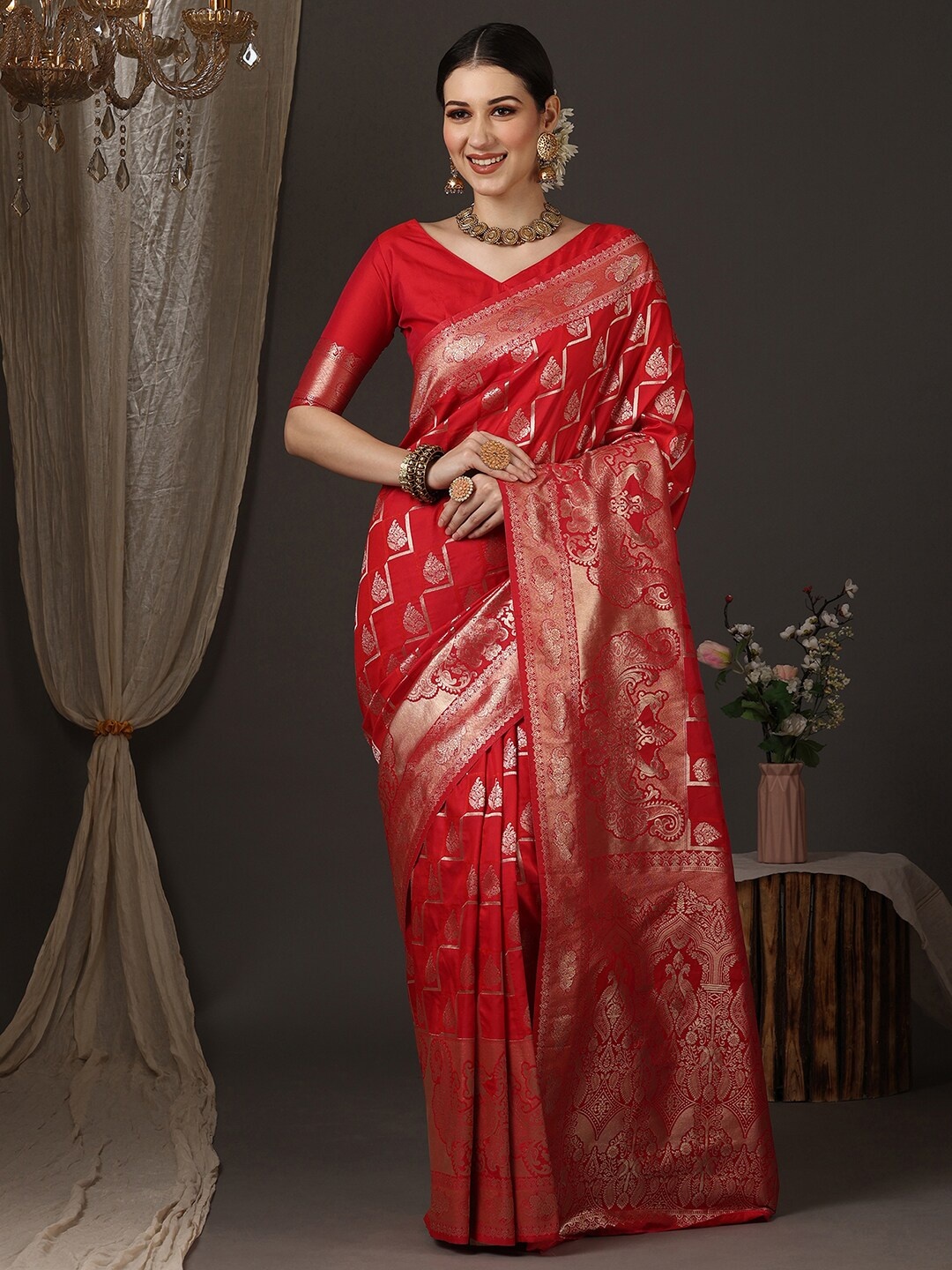 

Anouk Ethnic Motifs Woven Design Zari Kanjeevaram Saree, Pink