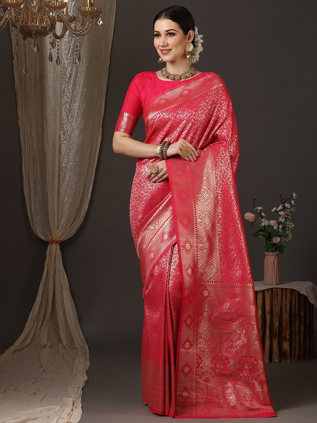 

Anouk Ethnic Motifs Woven Design Zari Kanjeevaram Saree, Pink