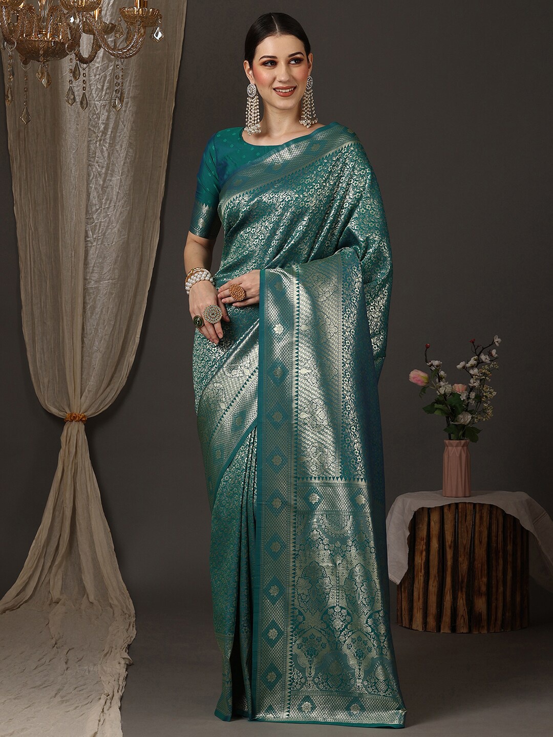 

Anouk Ethnic Motifs Woven Design Zari Kanjeevaram Saree, Teal
