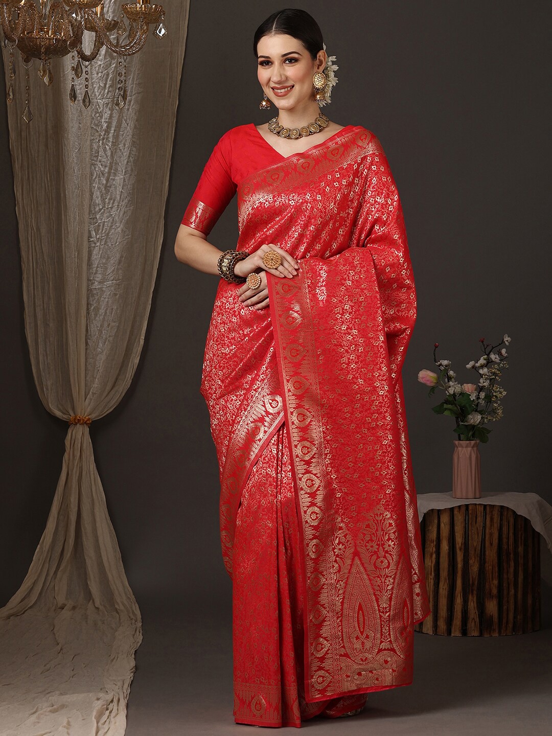

Anouk Ethnic Motifs Woven Design Zari Kanjeevaram Saree, Pink