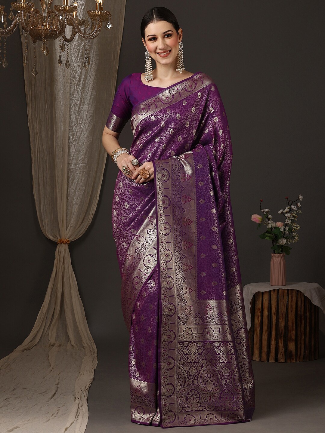 

Anouk Ethnic Motifs Woven Design Zari Kanjeevaram Saree, Purple