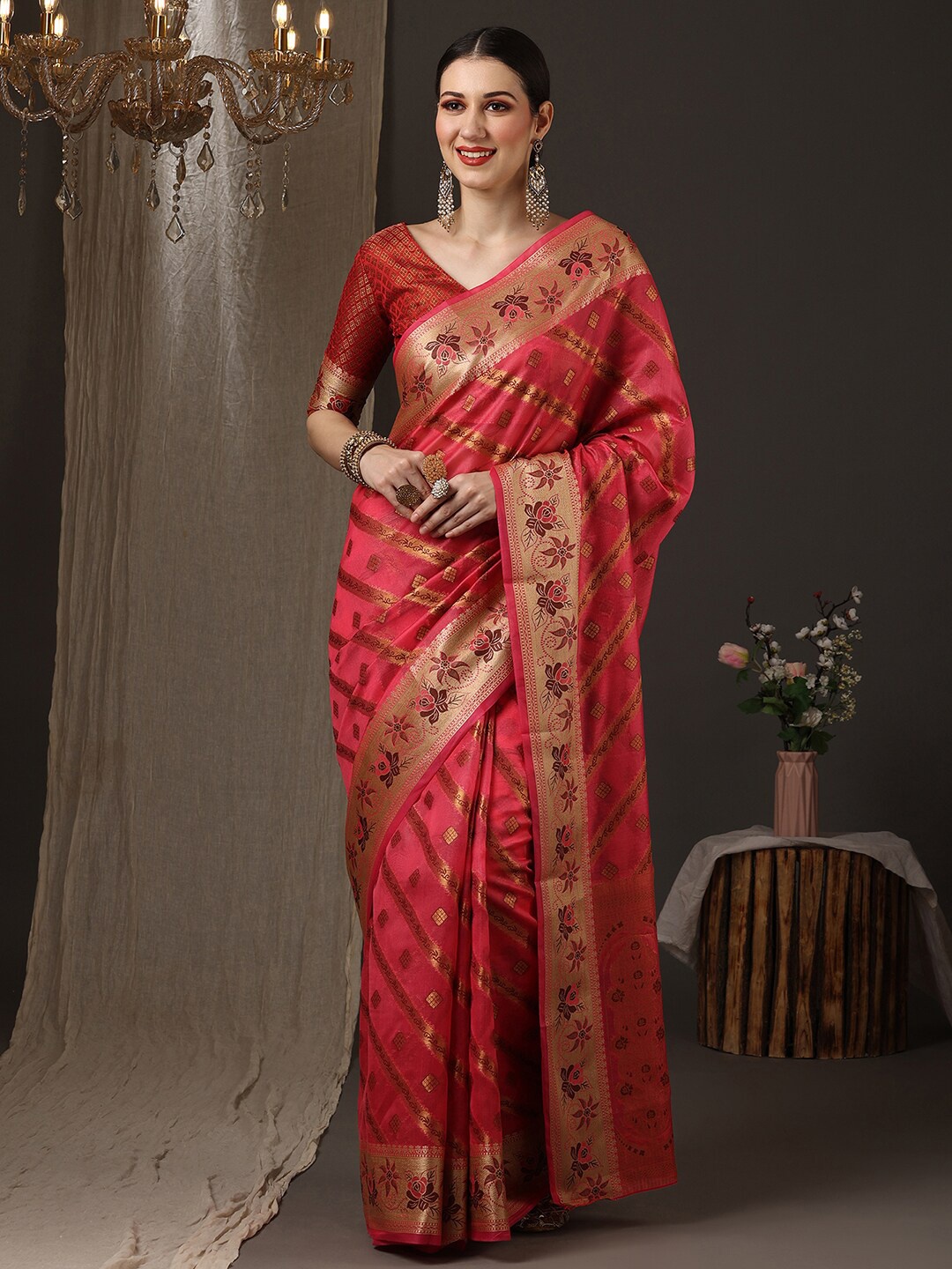 

Anouk Ethnic Motifs Woven Design Zari Organza Banarasi Saree, Pink