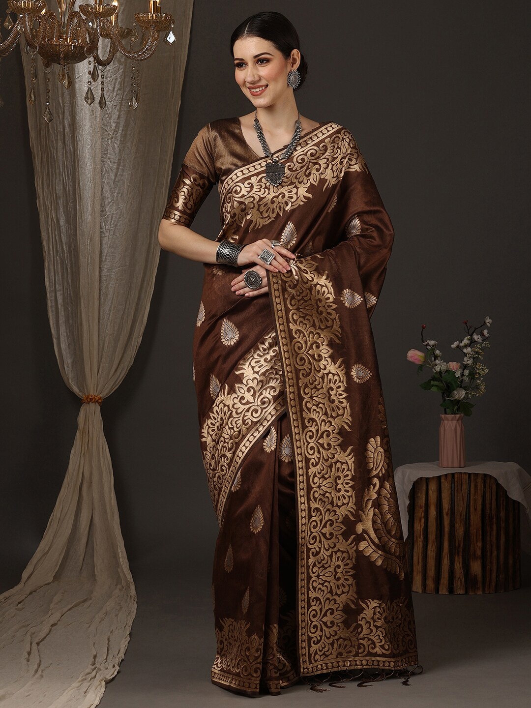 

Anouk Ethnic Motifs Woven Design Zari Silk Cotton Banarasi Saree, Brown