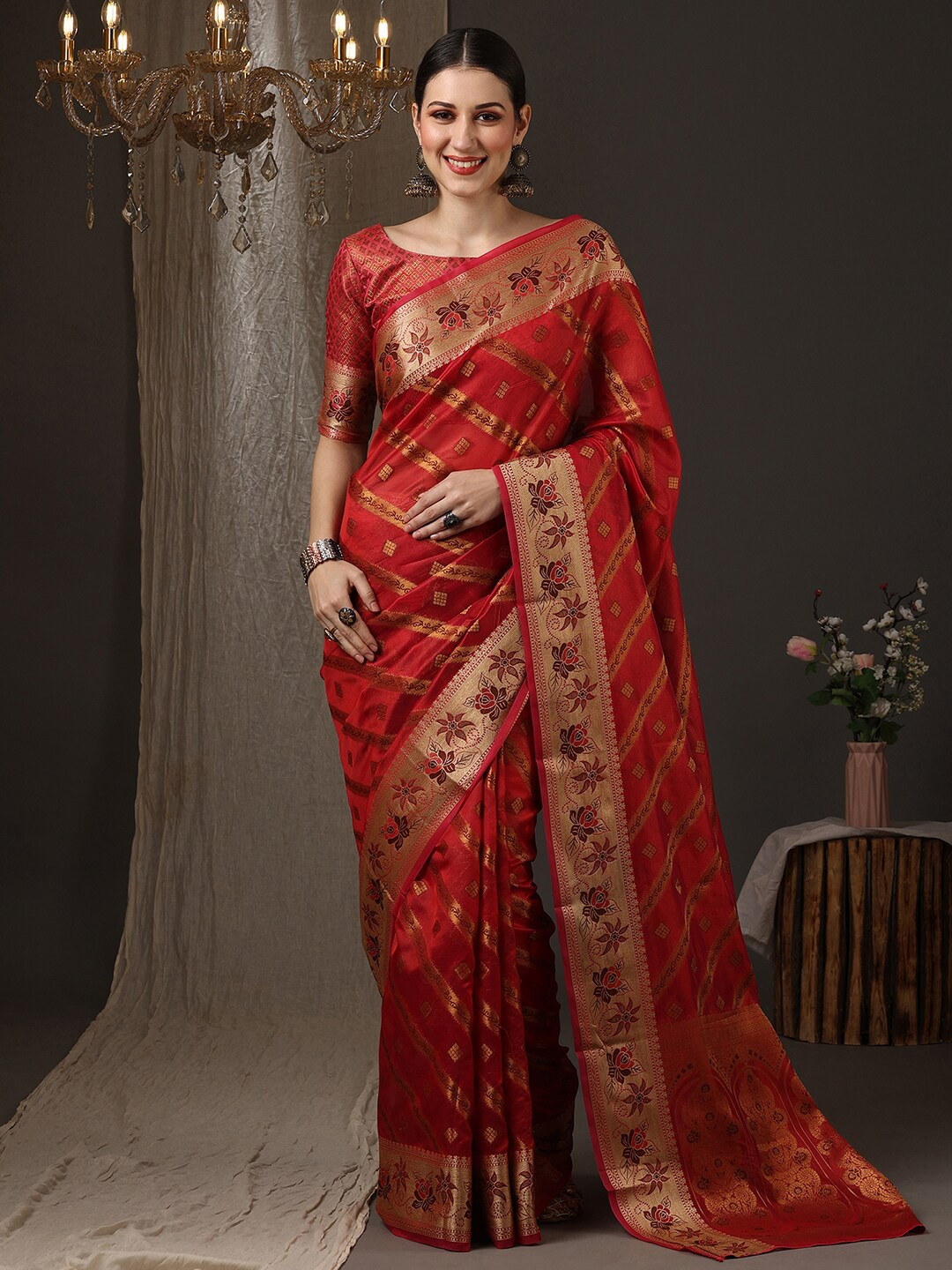 

Anouk Ethnic Motifs Woven Design Organza Banarasi Saree, Red