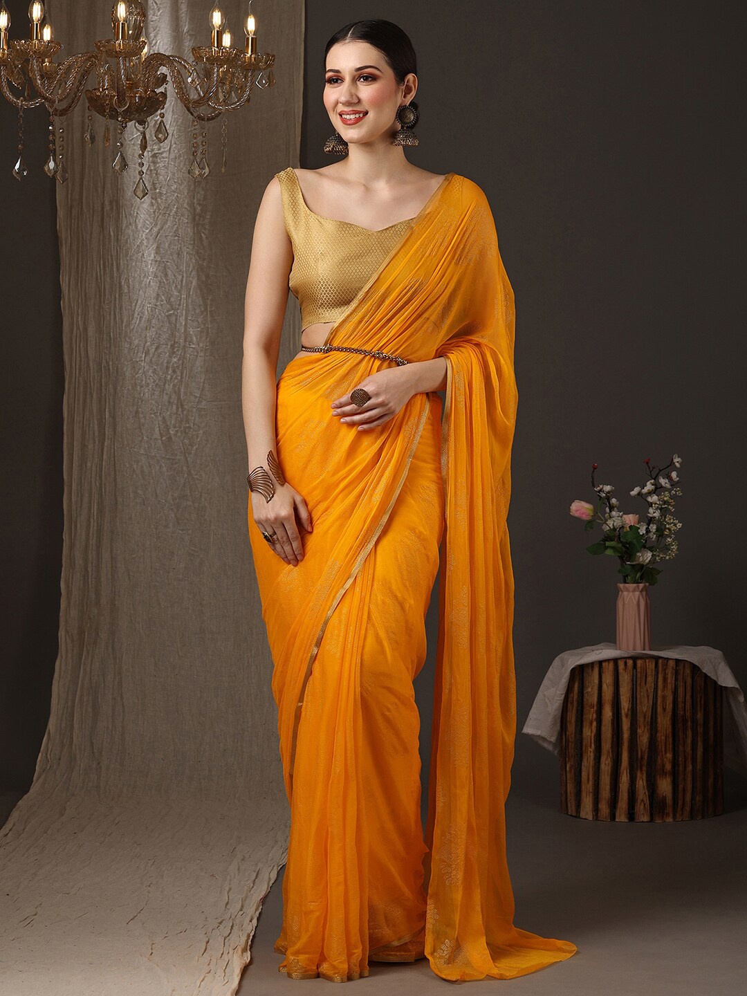 

Anouk Floral Embellished Zari Pure Chiffon Saree, Yellow