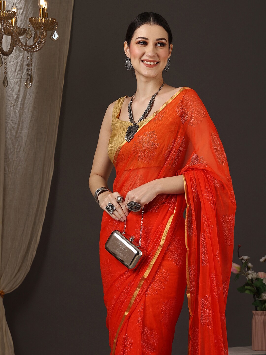 

Anouk Rustic Floral Embellished Zari Pure Chiffon Saree, Orange