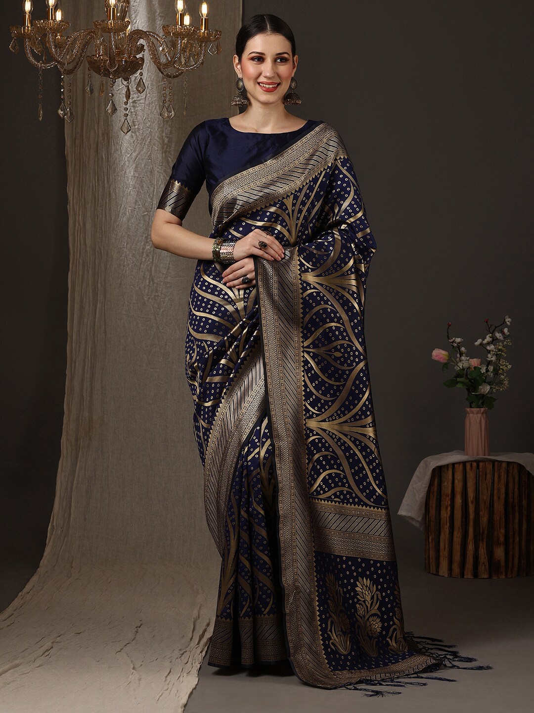 

Saree mall Woven Design Zari Silk Blend Banarasi Saree, Navy blue