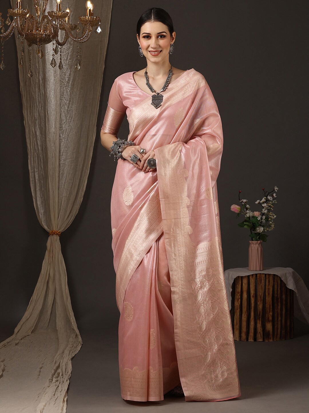 

Saree mall Woven Design Zari Organza Banarasi Saree, Pink