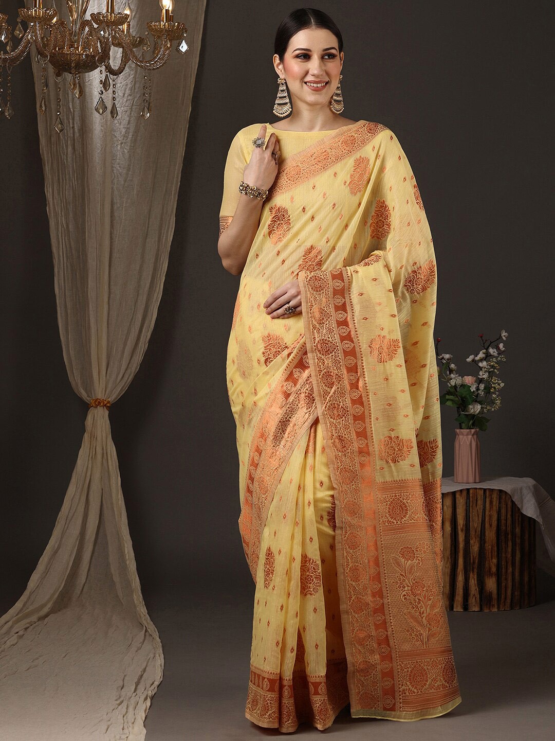 

Saree mall Woven Design Zari Silk Blend Banarasi Saree, Yellow