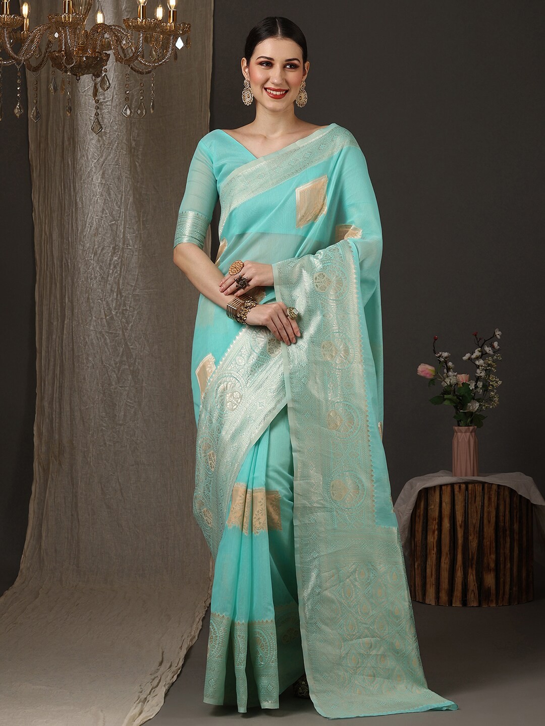 

Saree mall Woven Design Zari Silk Blend Banarasi Saree, Blue