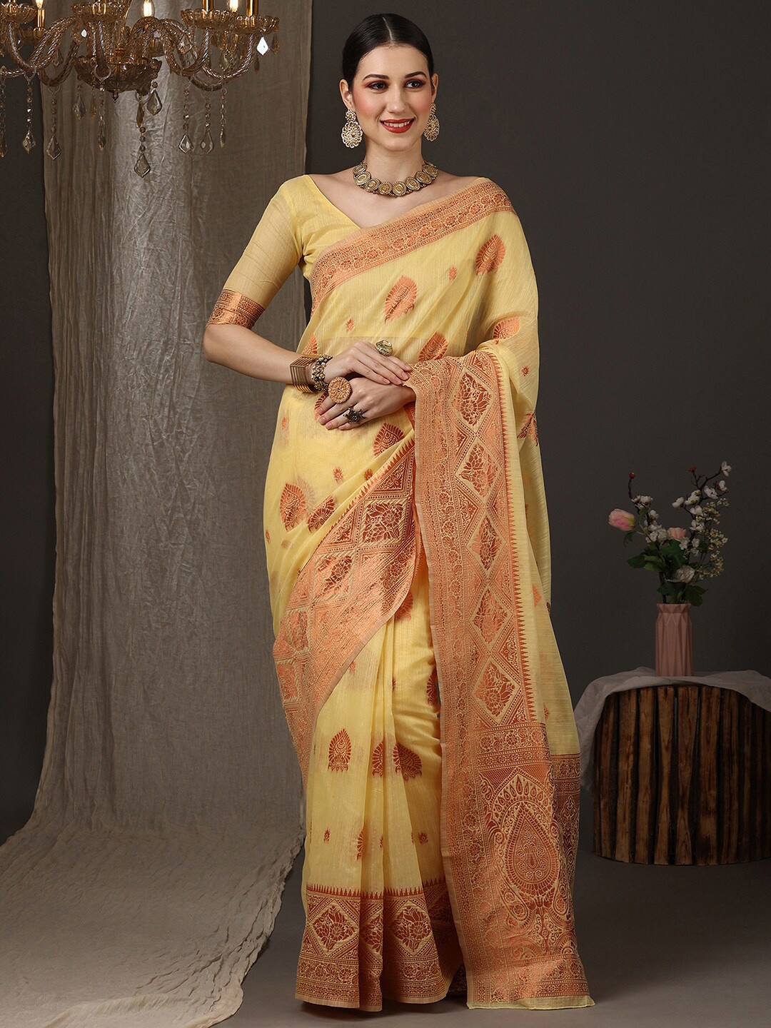 

Saree mall Woven Design Zari Silk Blend Banarasi Saree, Yellow