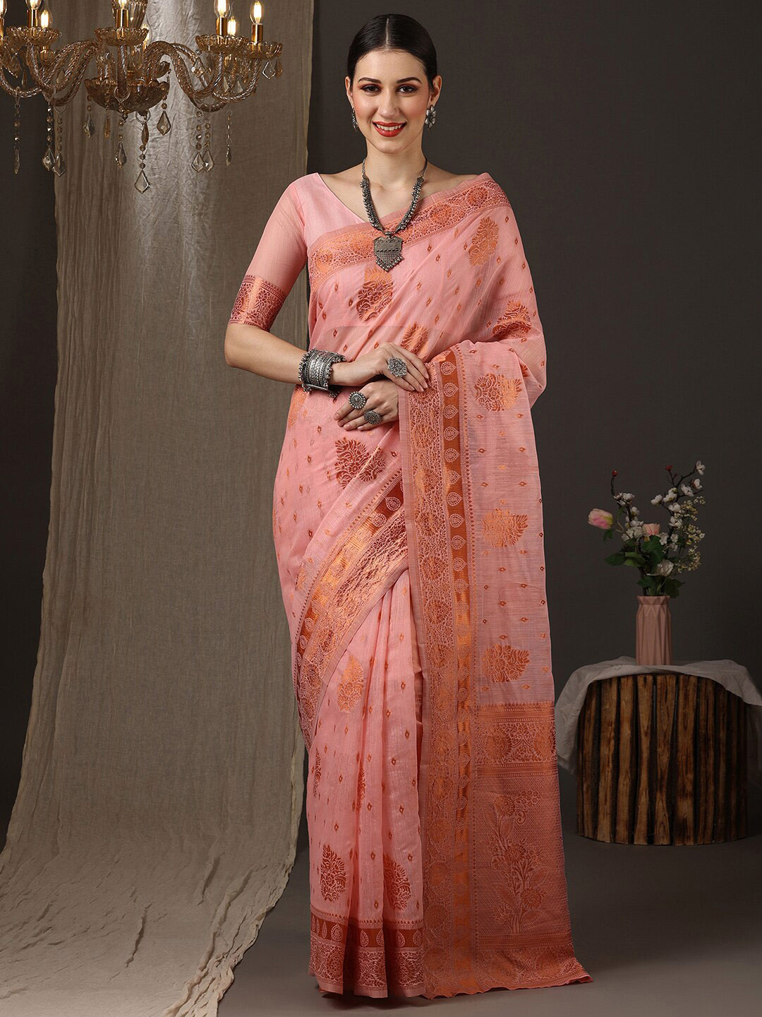 

Saree mall Woven Design Zari Silk Blend Banarasi Saree, Pink